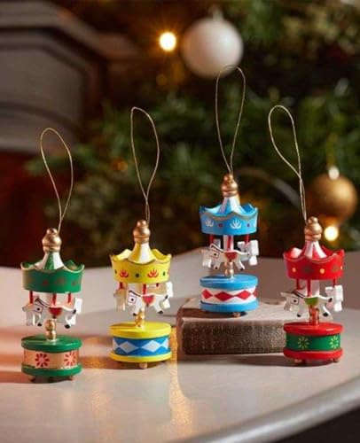 Marco Paul Merry Go Round Carousel Christmas Tree Decoration – 4 Pack Hanging Wooden Xmas Carousel Baubles – Traditional Ornaments For Christmas Crackers, Table Decor, Festive Home Decoration & Crafts