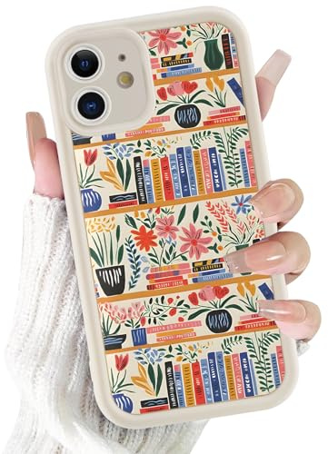 Foonary Cute Retro Bookshelf Phone Case for iPhone 12 Flower Case 6.1, Aesthetic Floral Pattern Design Shockproof Soft Slim TPU Full Camera Lens Protective White Cover Funda for Women Girls