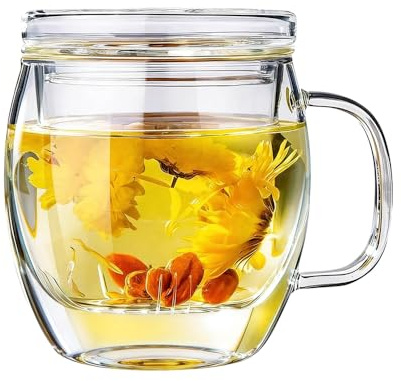 Glass Tea Cup with Infuser and Lid, 17 oz Clear Loose Leaf Tea Infuser Mug