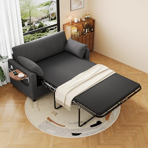 Merax Schlafsofa 2-Sitzer | 134x84 - Kleines Cord-Sofa mit Schlaffunktion, multifunktionale Schlafcouch mit Ausziehbett, klappbarem Seitentisch, USB‑Ladeanschluss, Matratze und Bettlaken, Grau