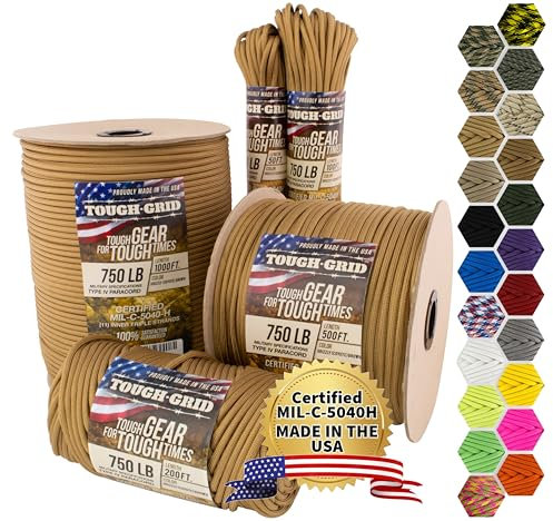 TOUGH-GRID Cuerda de paracaídas marrón Grizzly de alta calidad, 750 libras, 1000 pies, fabricada en Estados Unidos, cuerda de nailon táctica resistente utilizada por militares estadounidenses tipo IV