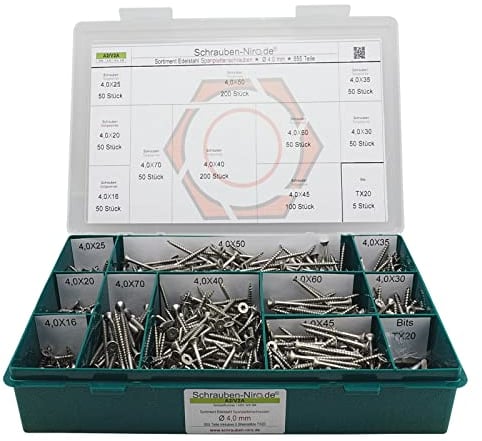 Sortiment Edelstahl A2 Schrauben, Durchmesser 4,0 mm, 855 Teile ; Holzschrauben/Spanplattenschrauben mit verstärktem Kopf; Material VA V2A