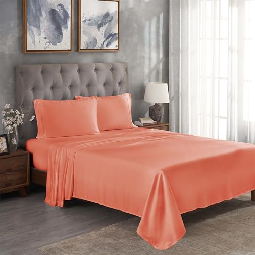 SUPERIOR Modal from Beechwood 300 Thread Bed Sheet Set, 1 Elastic Deep Pocket Fitted Sheet, 1 Flat Sheet, 2 Pillowcases, Soft Cool Sheets, Sateen Weave, Bedding Essentials, Queen, Coral
