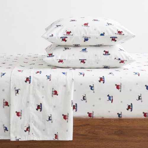 Eddie Bauer - Flannel Sheets King Size, Anti-Pilling & Wrinkle Resistant Cotton, Touchably Soft for All-Season Comfort - Bed Sheets with Matching Pillowcases & Fitted Sheet (Ski Patrol White)