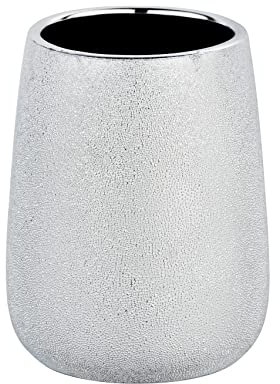 WENKO Zahnputzbecher Mod. Glimma stilvolle Aufbewahrung für Zahnbürste Zahnpasta und Make-up Pinsel in hochwertiger Keramik mit glitzernder Oberfläche für Badezimmer-Deko Ø 8,5 x 10,5 cm Silber