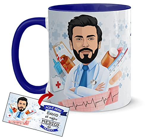 Kembilove Taza Personalizada Caricatura y Nombre – Taza de Café Aquí Bebe el Mejor Médico del Mundo – Taza de Desayuno para la Oficina para Profesiones