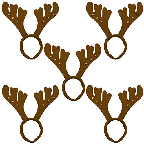 Ciffre 5 Stück im Set Haarreif Geweih Weihnachtsmütze Nikolausmütze Winter Elchgeweih mit Glöckchen Braun
