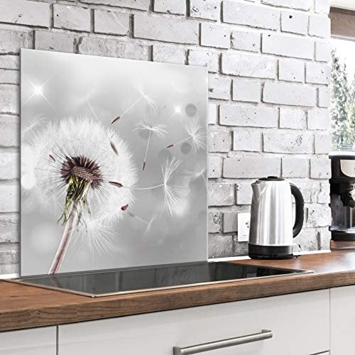 murando Glass Splashback for Kitchen Backsplash Cooker Protector Tempered Glass Decorative Wall Art Panel Heat Resistant Graphic 80x80 cm / 32x32 Flowers Dandelion Grey White b-C-0558-aq-a