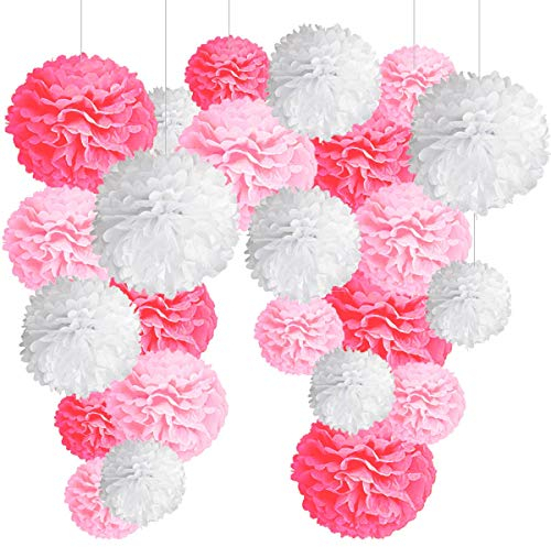 24er Rosa Deko Seidenpapier Pompons, Dekorpapier Blumenpuscheln Papier, Rosetten, Papierfächer. Dekoration Hochzeit, Taufe Mädchen, Baby Shower, Geburtstag Party, JGA -24Stk-
