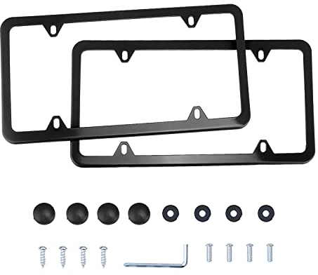 LivTee 4 Holes Stainless Steel License Plate Frames, 2 PCS Car Licence Plate Covers Slim Design with Bolts Washer Caps for US Vehicles, Black