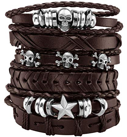 Eigso 6 Pcs Lederarmband Geflochtenes Breites PU Leder mit Schädel Stern Damen Herren Punk Braun