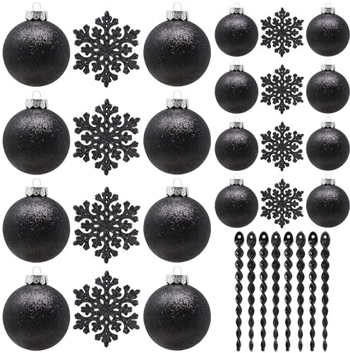 SLEETLY Black Baubles for Christmas Tree Decorations, Shatterproof Plastic 60mm and 80mm Glitter Snow Balls, Icicles and Snowflakes, Ornament Set of 32