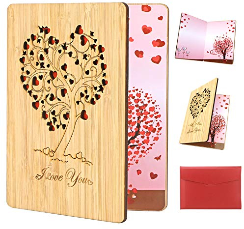 HOWAF Valentinstag Karte Bambusholz Ich Liebe Dich Karte Herzbaum Grußkarten Liebeskarte Hochzeitskarten Valentinskarte, Geschenke für Sie Ihn Valentinstag Jahrestag Geschenk, mit Umschläge