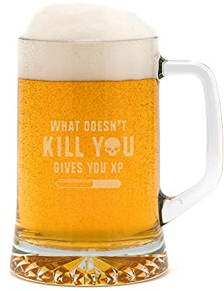 What Doesn't Kill You Gives You XP Engraved Beer Glass Tankard for Gamers - Funny Gaming Gifts for Men or Women…