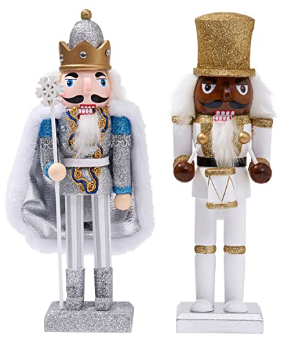 THE TWIDDLERS 2 Grand Soldat Casse-Noisette de Noël en Bois avec Support, 26cm - Décoration de Noël Traditionnelle - Solide et Qualité Premium - Blanc, Argent & Or