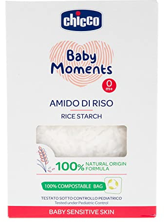 Chicco Baby Moments Amido di Riso, Lenitivo e Rinfrescante, Pulizia Gentile Senza Irritare o Asciugare La Pelle, Azione Emolliente, Bagnetto Neonato, Talco, 250 Gr, 0 Mesi+