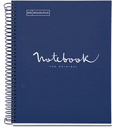 Miquelrius - Notizbuch A5 Notebook, 1 farbiger Streifen, 80 Blatt mit horizontalem Lineatur 7 mm, Papier 90 g/m² mikroperforiert mit 2 Bohrungen für 2 Ringe, Einband aus Karton, Farbe Marineblau