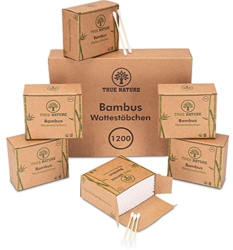 [1200] Bambus Wattestäbchen - Dermatologisch zertifiziert - Plastikfreie Ohrenstäbchen - Q Tips ohne Plastik - Cotton Buds - 100% biologisch abbaubare Ohrstäbchen - inkl. Ebook - TRUE NATURE®