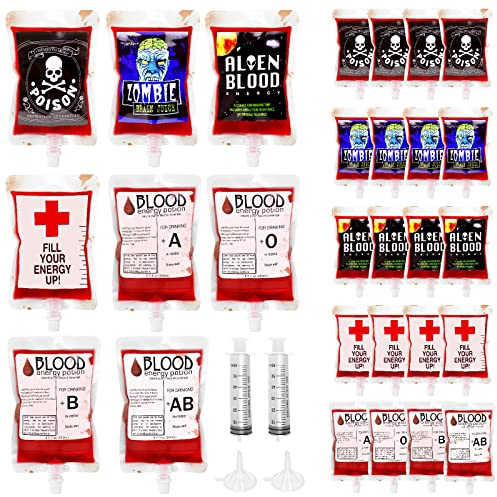 24 Pack Halloween Blood Bags for Drinks, Halloween Blood IV Bags for Halloween Party Favors Supplies Costumes Props
