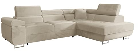 Canapé d'angle Convertible Torezio avec Coffre de lit et appuie-tête réglable. Angle Droit en Tissu Beige