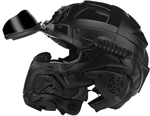 HFUHLK Taktisches Multifunktionales Helm Vollmasken Set Mit Headset Anti Fog Lüfter und 2 STK Brillenglas für Outdoor Sport Paintball CS Spiel Schießen,Bk