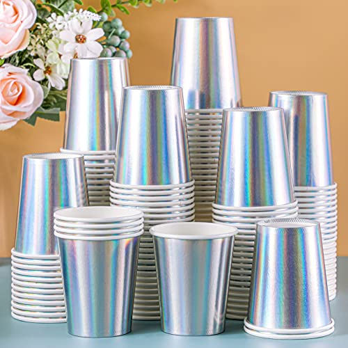 Funtery 100 Pcs Iridescent Paper Cups 9 oz Holographic Disposable Party Cups Beverage Drinkware Supplies for Bachelorette Birthday Disco Baby Shower Mermaid Party Wedding Anniversary Engagement