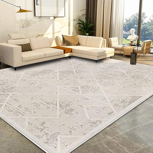 Leesentec Teppich Wonzimmer Groß Schlafzimmer Teppiche 200x250cm Kurzflor Elfenbein Creme Weiß Carpet Living Room Kinderzimmer Antirutsch Modern Geermetrische Absttakter Kurzfloriger