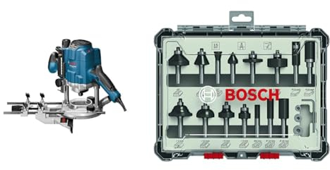Bosch Professional Oberfräse GOF 1250 CE (inkl. Kopierhülsenadapter, Parallelanschlag, Maulschlüssel 19mm, Spannzange, im Karton) +15tlg. Fräser Set Mixed (für Holz, Zubehör Oberfräsen mit 8mm Schaft)