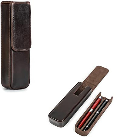 Hiram Leather Pen Case for 2 Pens Vegetable Tanned Leather Fountain Pen Storage Box with Hidden Magnetic Snap Closure Design (Coffee)