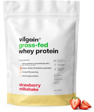 Vilgain Grass-Fed Whey Protein Powder Strawberry Milkshake 1000g | 22g Protein per Serving | British Sourced | Naturally Sweetened with Stevia