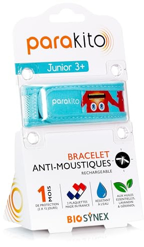 PARAKITO – Pulsera antimosquitos reutilizable, 2 pastillas incluidas con aceites esenciales, 1 mes de protección, sin deet, diseño de monstruos, talla Junior 3+