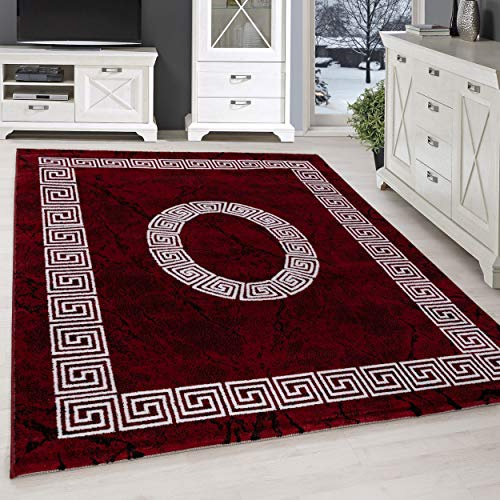 SIMPEX Teppich 140x200 cm Rot Kurzflor Mäander Bordüre Design Moderner Teppich für Wohnzimmer Schlafzimmer Flur Küche Esszimmer Kinderzimmer Pflegeleicht Weich