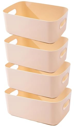 EURXLQ 4 Stück Aufbewahrungsbox Kunststoff Aufbewahrungskorb mit Griffen Eingedicktes Badezimmer Organizer Küchenschrank Körbe Aufbewahrung Kunststoffbox für Badezimmer Küche (Beige, 20×15×7 cm)