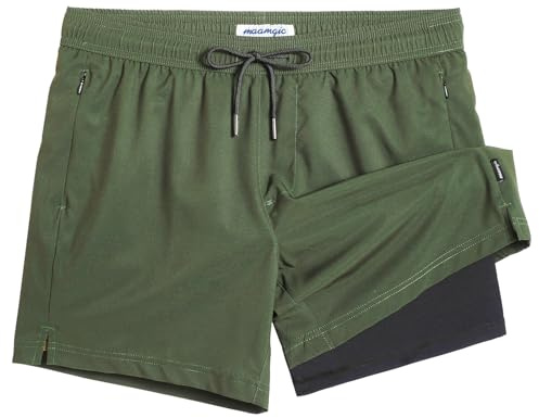 maamgic 5 Mens Swim Shorts with Compression Liner 4-Way Stretch Bathing Suit Swimming Shorts 2 in 1 Men's Swim Trunks with Zipper Pockets Quick Dry,Dark Green Black Cr 5.5,S