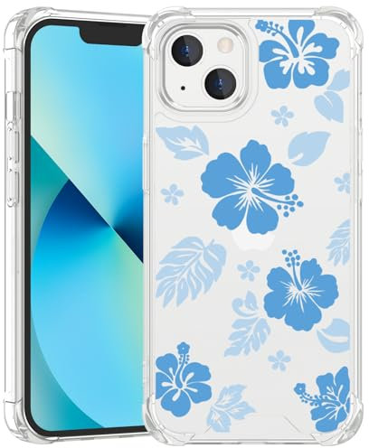 Axulimin for iPhone 13 Mini Case Clear Cute Kawaii Blue Hibiscus Hawaiian Flower Floral Aesthetic Phone Case for Girls Preppy Women