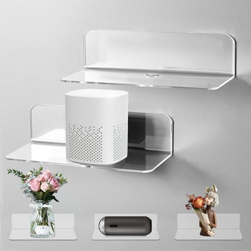 2 Pcs Acrylic Floating Shelves, Length 9in Small Self Adhesive Wall Shelf No Drill Display Shelf, Easily Expand Wall Space Acrylic Shelves with Cable Clips for Living Room, Bedroom, Bathroom