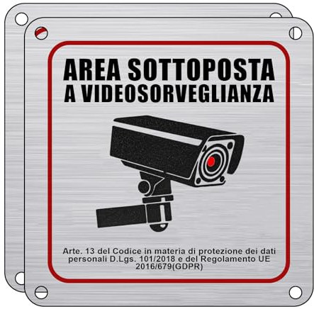 Flintronic 2 Pezzi Cartello Area Videosorvegliata Alluminio, 15x15cm Proprietà Privata Cartelli Metallo con Avviso GDPR, con Adesivo 3M e Fori Preforati, per Casa e Negozio, Interno ed Esterno