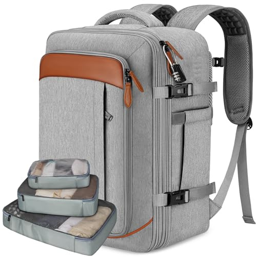 Vancropak Carry on Backpack, Flight Approved 18x14x8 Travel Backpack with 3 Packing Cubes, Expandable Large 40L Travel Bag fits 17.3 Laptop, Anti Theft Luggage Suitcase Weekend for Women Men, Grey