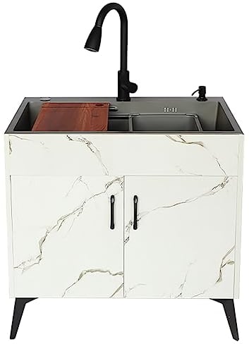 Kommerzielle Küchenspüle, Mehrzweckspüle mit Schrank, freistehender Spülbecken, ausziehbarem Wasserhahn und Seifenspender, ideal für Waschküche, Restaurant oder Garten