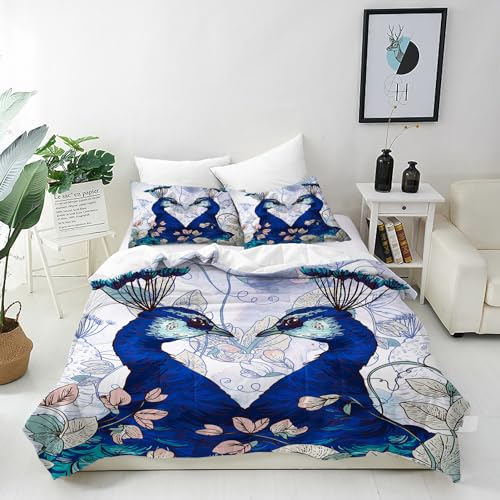 ANHOPE Pfau Bettwäsche Set 2 Teilig Vintage Floral Pfau Bettbezug 135x200 cm + Kissenbezug 80x80 cm Weich Microfaser Bettbezüge mit Reißverschluss Bettdeckenbezug für Kinder Mädchen