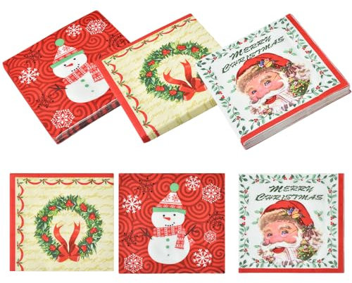 VITEVER 60 Stück Servietten Weihnachten, Weihnachtsservietten 3 Designs, Einweg-Cocktailservietten aus Papier, dekorative Weihnachtsservietten für Urlaub, Abendessen, Weihnachtsfeiern