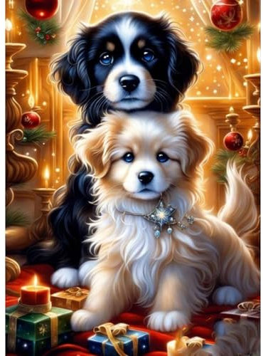 QENSPE 5D DIY Pintura Diamante, Navidad Cachorro Diamond Painting Kit para Adultos, Kit Bordado Art Diamante Redondo Completo, Punto de Cruz de Diamantes de imitación Decoración 30x40cm (WX8701)