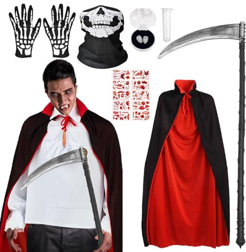 Kit Costume Vampiro per Halloween - Mantello, Zanne, Tatuaggi Temporanei, Maschera, Guanti e Falce della Morte - per Uomo e Donna, Festa e Carnevale