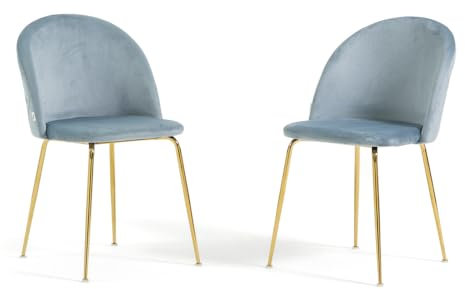 RATTATAN Sara - 2 Stühle in schlichtem oder Teddy-Samt für den Innenbereich mit Metallbeinen (Beine Gold, Samt Zuckerpapier Blau)