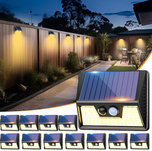 vighep Solarlampen für Außen mit Bewegungsmelder, 3 Modi 3000K Warmweiß LED Superhelle Solarleuchten, IP65 Wasserdichte Solar Wandleuchte Aussen für Garten Hof Wand Stufen Deck Haustüren- 12 Stücke