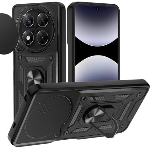 Funda para Xiaomi Redmi Note 14 Pro Plus/14 Pro+ 5G, Cubierta de cámara Deslizante Proteger Militar Antigolpes Protectora Carcasa con 360° Magnético Anillo Soporte Silicona TPU + PC Rugged Case, Negro