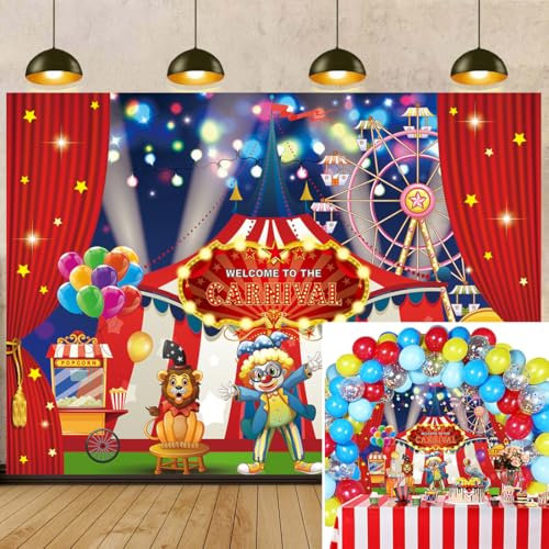 Karnevals-Hintergrund, Zirkusfotografie, Hintergrunddekoration, Welcome to the Carnival, roter Zirkushintergrund für Karneval, Kindergeburtstag, Party, Banner, Foto-Requisiten, Zubehör (2,7 x 1,5 m)