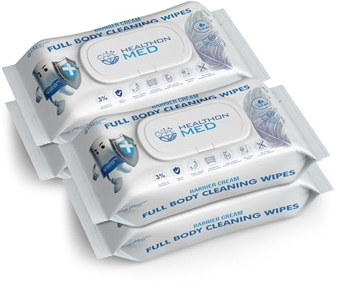 HEALTHON MED 4 Pack (200 XL Thick Wipes) Barrier Cream Full Body Cleansing Wipes, No Rinse Bath Wipes for Adults, Elderly Care, Bed Bath, Travel & Camping, Aloe Vera & Vitamin E, pH 5.5