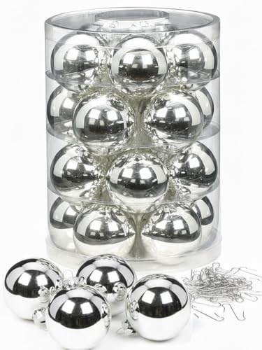 Inge Glas Weihnachtskugeln mit Haken | Schöne Christbaumkugeln aus Glas | Set 20 Kugeln und 40 Aufhänger | Christbaumschmuck Weihnachtsbaumkugeln (Shiny Silver)