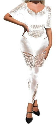 Bommi Fairy Women's Stretchy Tights Bodysuit Shapewear Hollow Mesh Lingerie Badydoll Fishnet Tight Half-Sleeves Onesize Jumpsuit (White)